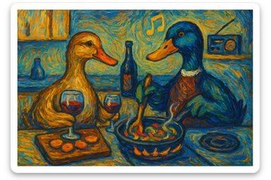two ducks cooking dinner together in a kitchen, one female and one male, drinking wine and listening to music, in the style of Van Gogh, minimalistic, 4:3 aspect ratio sticker
