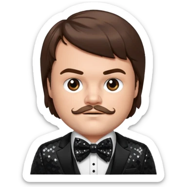 Jack Black with brown hair, black sequin suit with bow tie sticker