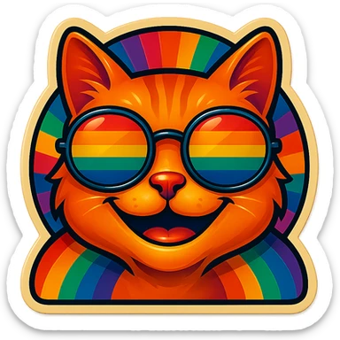Make the cat smile, keep the same retro stickers aesthetic, rainbow sunglasses, and vibrant colorful background. sticker