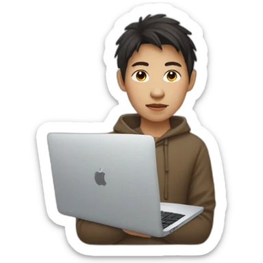 mongolian teenager(brown eyer) with macbook  sticker