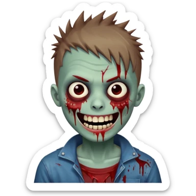 zombie boy with brown short spiky hair, white skin, and white eyes; an open smile, and bloodied teeth; sticker