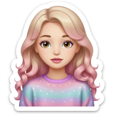 “Emoji girl, soft eyeliner, gradient rose lips, light brown shimmer eyeshadow, sparkly aegyo-sal, long wavy hair, cozy pastel sweater.” sticker