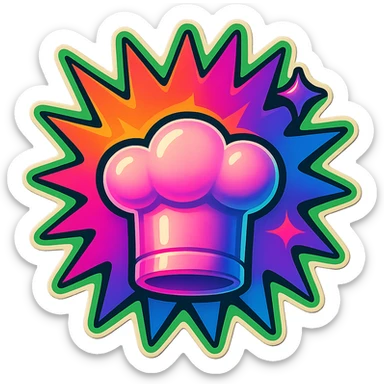chef's hat, colors explosion, playful and modern with gradient FF4D67, 9D34FF gradient, border green neon, vibrant, matching image reference  sticker