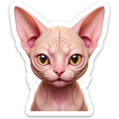 Cinematic Comical Sphynx Cat Portrait Emoji, Head tilted dramatically with an exaggeratedly shocked or offended expression, smooth, wrinkled skin in warm peach and pink hues, large bat-like ears perked up, piercing eyes widened in disbelief, Simplified yet hilariously expressive features, highly detailed, glowing with a slightly sassy glow, high shine, dramatic yet playful, stylized with an air of attitude, bright and endearing, soft glowing outline, capturing the essence of a sassy and over-the-top feline, so meme-worthy it feels like it could side-eye its way into internet fame instantly! sticker