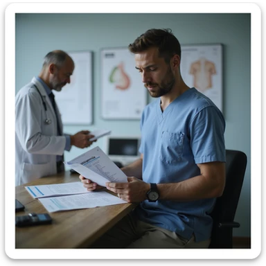 hyperrealistic 4K image of a man in his 30s standing in front of a urologist's desk, reading semen analysis results with 'azoospermia', hands shaking, urologist in background, fertility charts on wall, clinical environment sticker