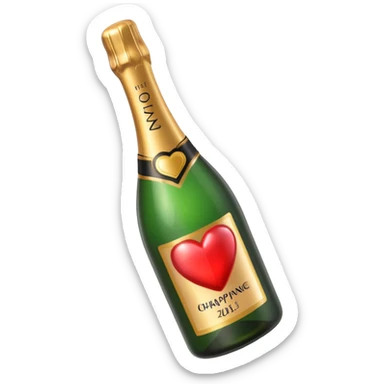 Draw a champagne bottle with a heart label using an isometric camera with a High-Angle Shot. sticker
