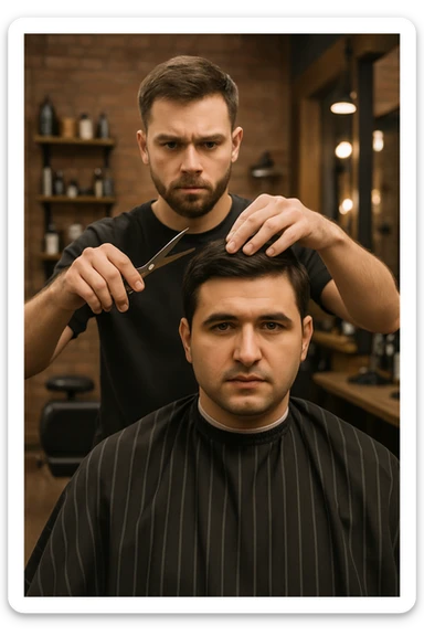 manashu akani yuzlaridan foydalanib sartarosh chizib bergin u soch olishga tayyor turganini chizib ber old rakursda bulsin mijoz tugriga qarab utirganini va sartarosh uni orqasida turib bitta ulida qaychi, ikkta quli bilan tayyorgarlik kurib turganini chizib ber xuddi 1,2,3 boshladik degandey birdaniga ishga kirishib ketadigan dek tayyor bulib tursin sticker