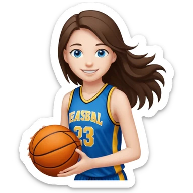 smiling girl with blue eyes and long hair playing basketball with black and yellow jersey sticker