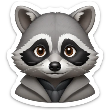 Cinematic-Noble-Raccoon-Portrait-Emoji – Poised and confident, with a sturdy build and a beautifully textured coat of silver-grey accented by dark black facial markings, deep-set, intelligent brown eyes, simplified yet sharp and sophisticated. sticker