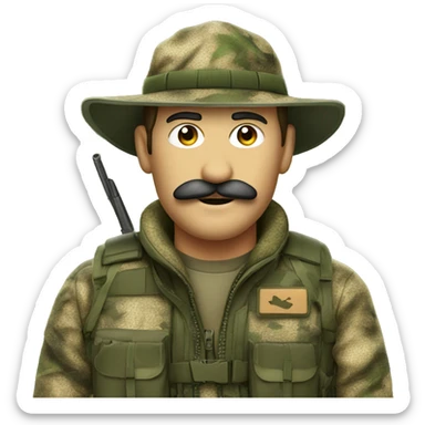 A man in camo hunting gear with mustache sticker