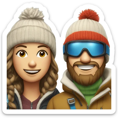 Ski bum couple with beanie and ski goggles with beers sticker