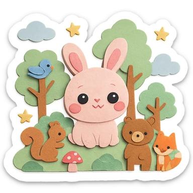 kawaii mori forest with round-faced fluffy pastel bunny with big sparkling eyes and pink blush, with squirrel, bear, fox, and bird, in a dreamy pastel green forest, clouds, stars, mushrooms, soft pastel tones, high resolution sticker