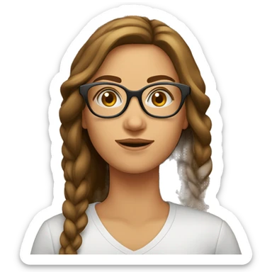 mulher branca, cabelo de cor castanho cachado e longo, usando oculos sticker