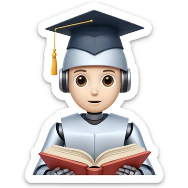 Ai  robot reading a big book with graduation head sticker
