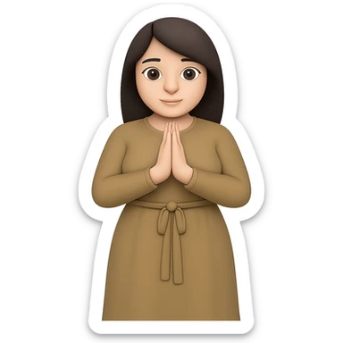 Make the woman have a normal, buxom body, standing and praying from the front view, wearing a long tan dress, with dark brown hair, in emoji style. Remove the background completely. sticker