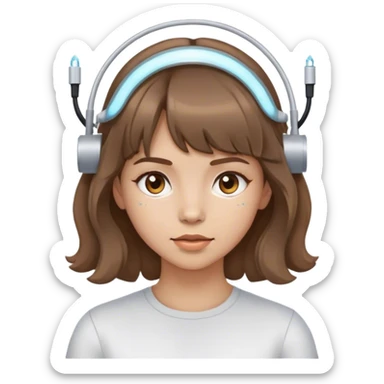 girl with light skin tone wavy brown hair and bangs wearing electrodes on her head  sticker