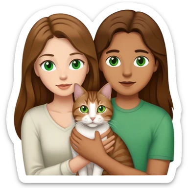 white couple with brown hair, woman has long hair and green eyes .they’re holding a tabby cat  sticker