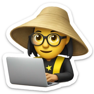 A memoji-style Vietnam man with yellow skin, wear nearsighted glasses, a traditional Vietnamese conical hat , black shirt, sitting at a desk with a cup of coffee, typing on keyboard, laptop with a logo styled as '</>' in front front sticker