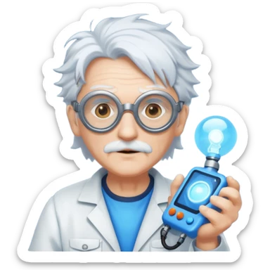 A quirky old inventor with wild white hair, goggles, and a glowing gadget in hand.
 sticker