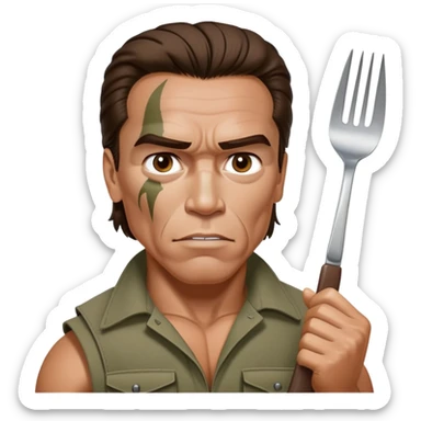 Young Arnold Schwarzenegger from the Commando poster wearing khaki with war make up on ready to fight with fork and spoon sticker