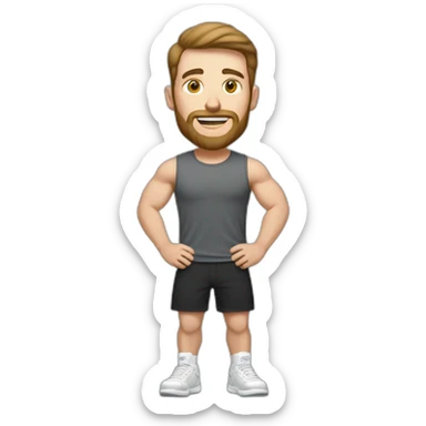 Full height Actively gesturing with hands Pale skinned Fit Man With the biceps and brown hair in dark gray Sleeveless Mike, black oversize sports shorts, watch and white Sneakers sticker