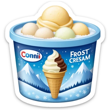 A creamy ice cream tub with a minimalist printed label showing flavor name and brand logo, sitting inside a store freezer. The lid and sides of the container have small frost crystals and condensation. Realistic photography style with soft lighting and a cool-toned background. sticker