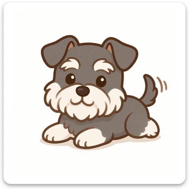chibi sticker of a mini schnauzer, lying down, wagging tail, adorable style, white background sticker