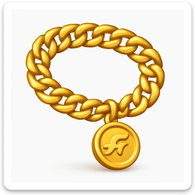 Create a gold chain emoji exactly like the reference image in iOS emoji style. Match the same shape, color, and texture, making it shiny and smooth with a medallion. Add a soft shadow to the emoji. sticker