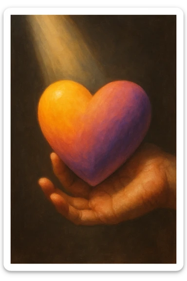 A hand holding a heart with a warm gradient, including yellow, orange, purple and lilac shades, a ray of light and darker muted tones, aspect ratio 3x4 sticker
