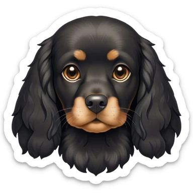 Cinematic Noble Black Cocker Spaniel Portrait Emoji, Poised and regal, with a sturdy build and a sleek, shiny black coat accented by subtle tan markings, deep-set soulful dark eyes, Simplified yet sharp and sophisticated features, highly detailed, glowing with a soft, dignified glow, high shine, intelligent and alert, stylized with an air of refinement, focused and attentive, soft glowing outline, capturing the essence of a watchful and confident companion, so majestic it feels as though it could trot out of the screen with effortless authority! sticker