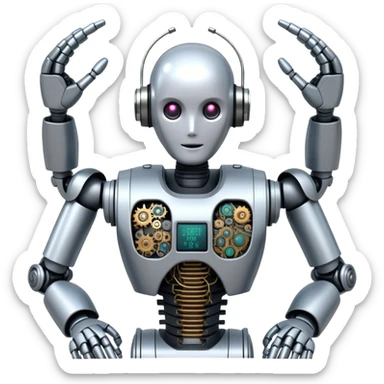 An icon featuring a humanoid robot assembling parts with robotic arms, surrounded by gears, circuit boards, and sensors, symbolizing robotics. The design includes a control panel and AI interface, representing automation, engineering, and innovation. Transparent background. sticker