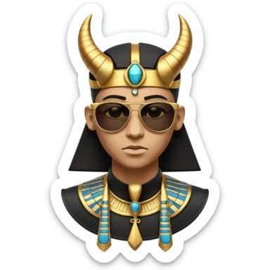 3D cartoon horned character portrait, wearing sunglasses, gothic ancient Egyptian style, pharaoh collar, dark gold and black outfit, ankh symbols, Egyptian jewelry, mysterious expression, soft dramatic lighting, centered, clean background, no text, no watermark sticker
