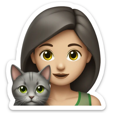 a brunette girl with green eyes and a gray cat sticker