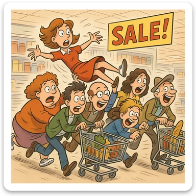 a comical scene where a crowd of supermarket shoppers runs from left to right, carrying off the salesgirl in a chaotic and exaggerated manner sticker