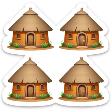 4 different African mud hut tribal houses, each unique, round adobe clay huts, thatched roofs, colorful tribal decorations, mobile game icon style, 3D cartoon, clean background, consistent lighting, consistent proportions sticker