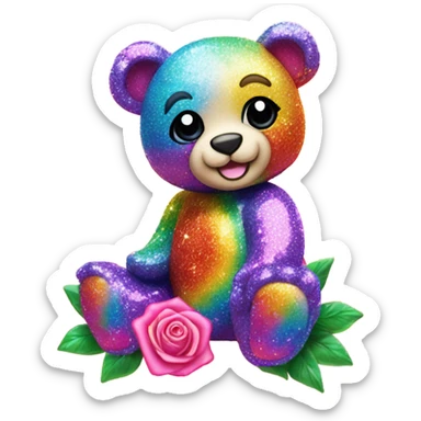 Lisa frank glitter bear with rainbow roses sticker
