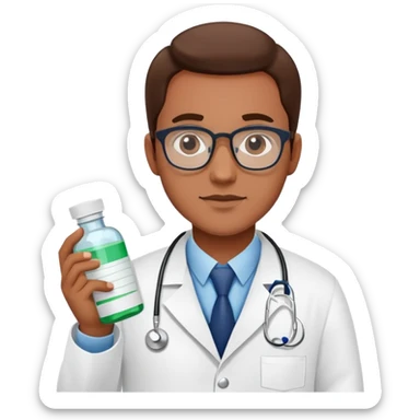 Pharmacist in white lab coat with medicine bottles and prescription pad sticker