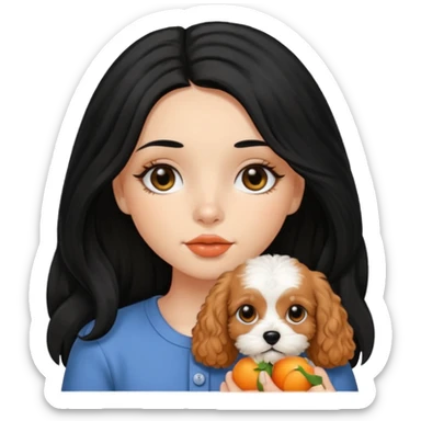 Italian girl long straight black hair black eyes button nose full lips holding apricot Cavapoo dog sticker