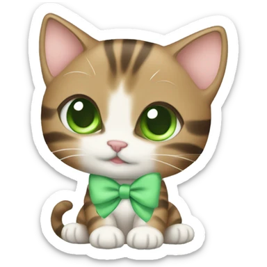 kawaii brown tabby kitten with green eyes and pastel green bow sticker