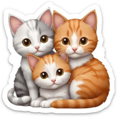 3 tiny kittens cuddling together all different colours, the first one is grey and white, the second is ginger and white and the third is brown tabby and white sticker