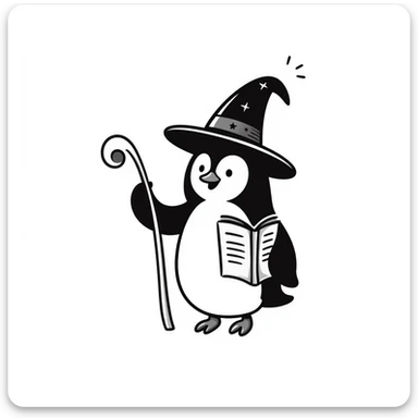 Penguin wizard with pointed hat, magical staff, and spell book sticker