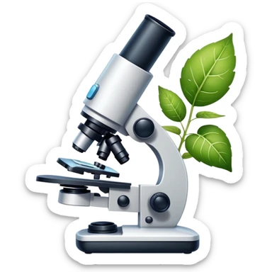 An icon featuring a microscope, a DNA strand, and a plant, symbolizing biology. The design includes animal cells, a leaf, and scientific formulas, representing the study of living organisms and ecosystems. Transparent background highlights biological research and discovery. sticker