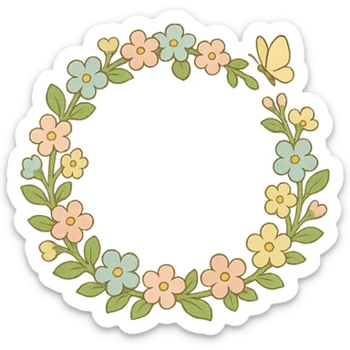 a floral wreath made of small pastel flowers with a tiny butterfly, Japanese hand-drawn, full object, transparent background sticker