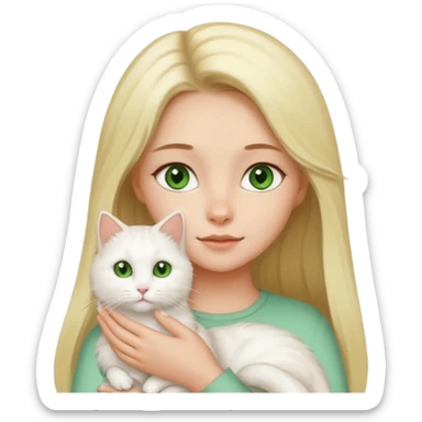 A cartoon-style digital illustration of a fair-skinned young woman with long blonde hair and brown eyes gently holding a fluffy white cat with green eyes against a white background. sticker