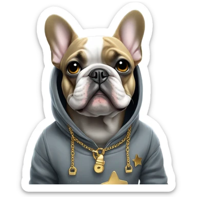 french bulldog in space wearing a gray hoodie and gold chain sticker