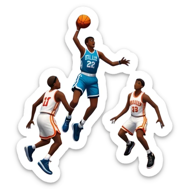 An icon featuring a basketball court with players in action, inspired by NBA 2K25. A player jumps for a dunk, with the ball mid-air. Bright lights illuminate the court, symbolizing the excitement of sports simulation games. Transparent background emphasizes the energy. sticker