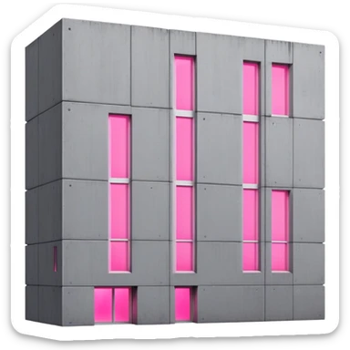 Minimalist Russian-style gray concrete panel building with one window glowing bright pink from grow lights inside, simple rectangular structure with brutalist architecture sticker