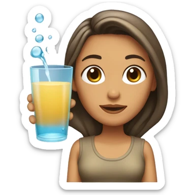 Mujer con cabello castaño largo ondulado, con un vaso de agua para tomar  sticker