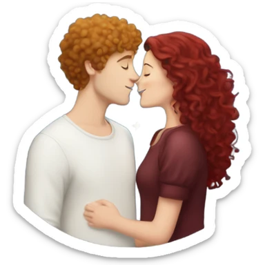 White girl with long burgundy hair kissing a white boy with curly short hair under a sky of star sticker
