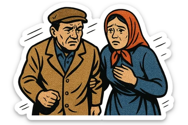 A poor eastern european husband and wife looking worried while walking outside sticker